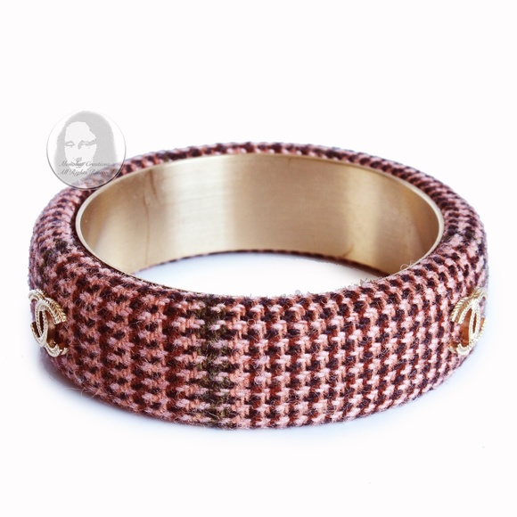 Chanel Bracelet Bangle 13A Pink Multicolor Tweed Knit with Gold CC Logo in Box - Picture 9 of 14